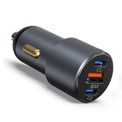 URVNS - C39 66W Mini Car Charger with triple port design including PD and QC3.0 for fast charging in a compact, metallic build.
