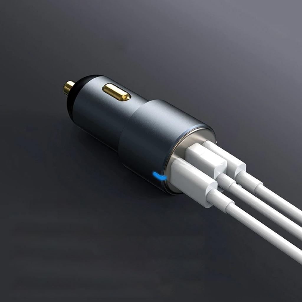 URVNS - C39 66W Mini Car Charger connected to three charging cables, highlighting its multi-device fast charging capability.