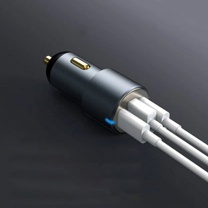 URVNS - C39 66W Mini Car Charger connected to three charging cables, highlighting its multi-device fast charging capability.