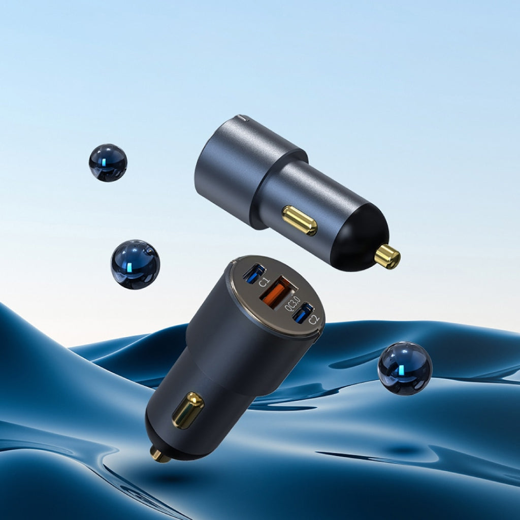 URVNS - C39 66W Mini Car Charger shown in a floating design with sleek metallic finish, emphasizing its compact and stylish build.