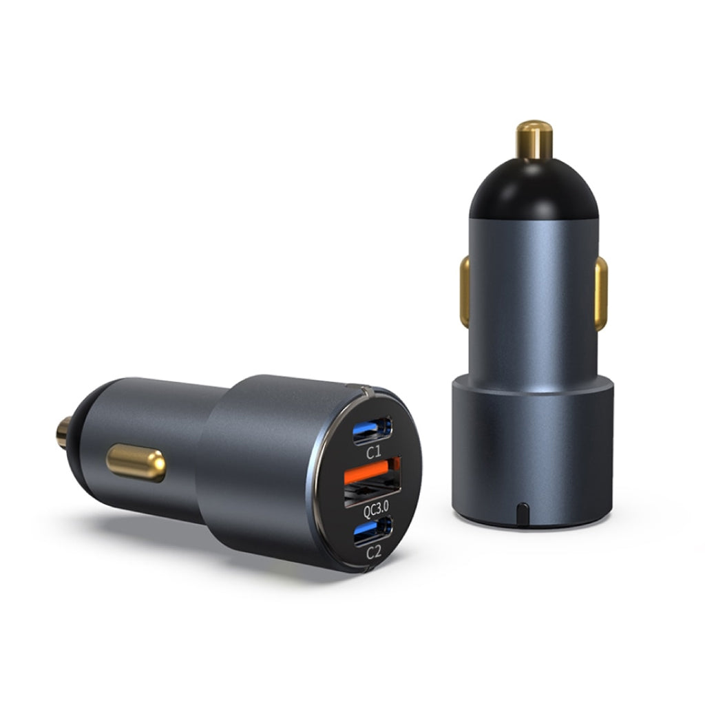 URVNS - C39 66W Mini Car Charger displayed from multiple angles, showing USB-C and QC3.0 ports for universal fast charging.