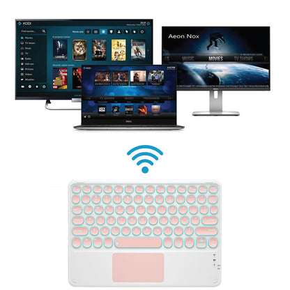 Pink TECPHILE 250D Wireless Keyboard shown with smart TVs and laptops, highlighting wireless connectivity.