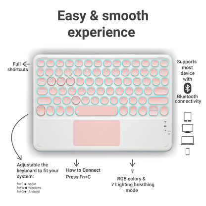 Pink TECPHILE 250D Wireless Keyboard with shortcut guide, RGB lighting, and Bluetooth connectivity.