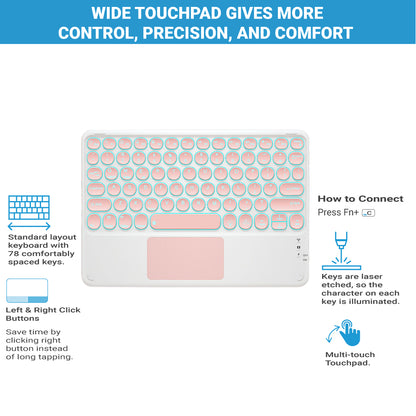 Pink TECPHILE 250D Wireless Keyboard with wide touchpad and shortcut instructions for easy navigation.