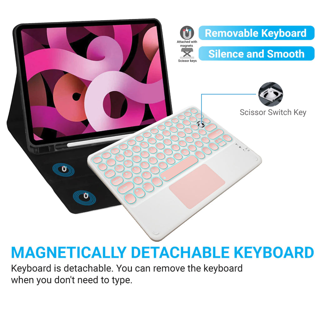 Pink TECPHILE 250D Wireless Keyboard shown detachable from tablet case, featuring scissor switch keys.