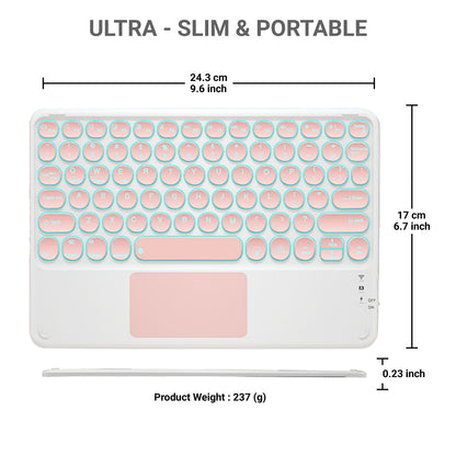 Ultra-slim pink TECPHILE 250D Wireless Keyboard with dimensions and lightweight design for portability.